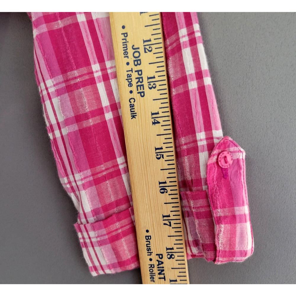 Alia Plaid Button Front Top Womens 16 Pink White Crinkle 3/4 Sleeves Casual - Picture 9 of 11